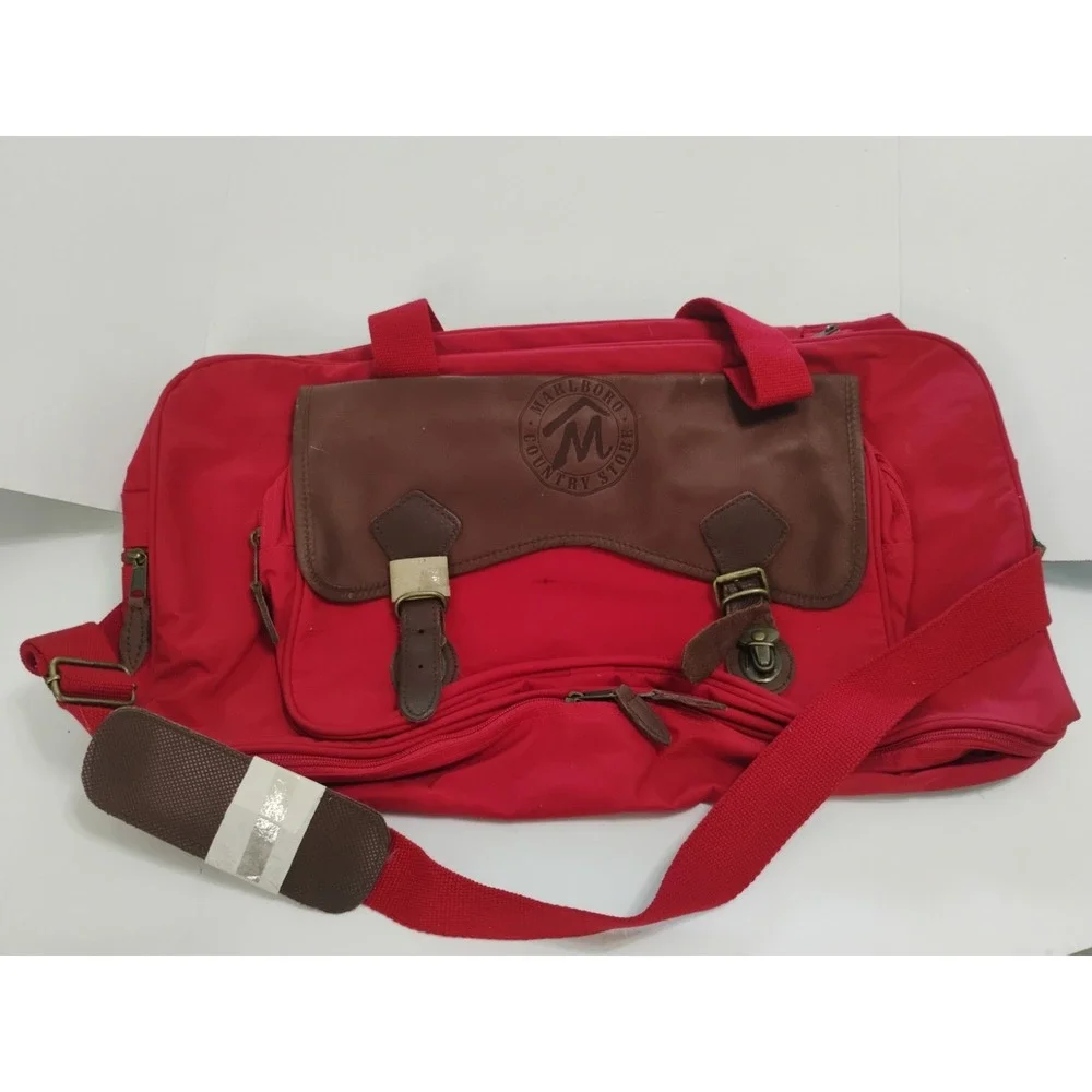 Vintage 90s Marlboro Bag Red Country Store Duffle Leather Flap Travel Bag Gear